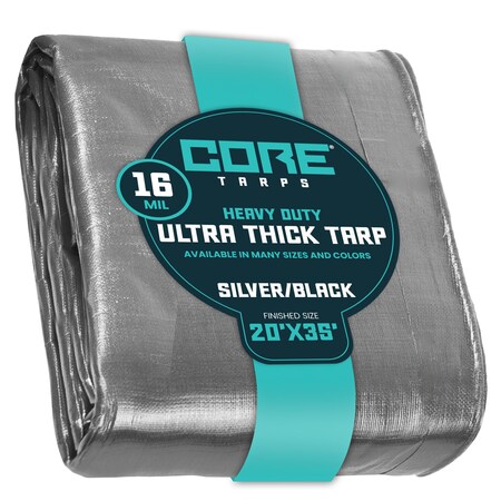 Core Tarps Heavy Duty Tarp, 35 ft L x 0.5 mm H x 20 ft W, 16 Mil, Silver/Black, Polyethylene CT-301-20X35